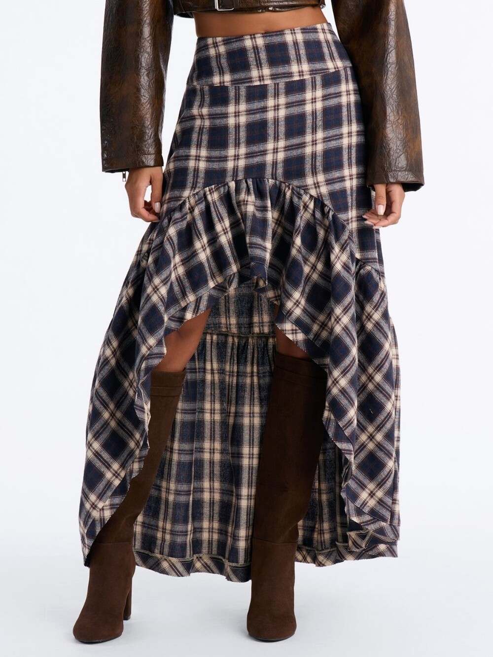 Long asymmetrical maxi skirt in a check pattern that combines elements of grunge